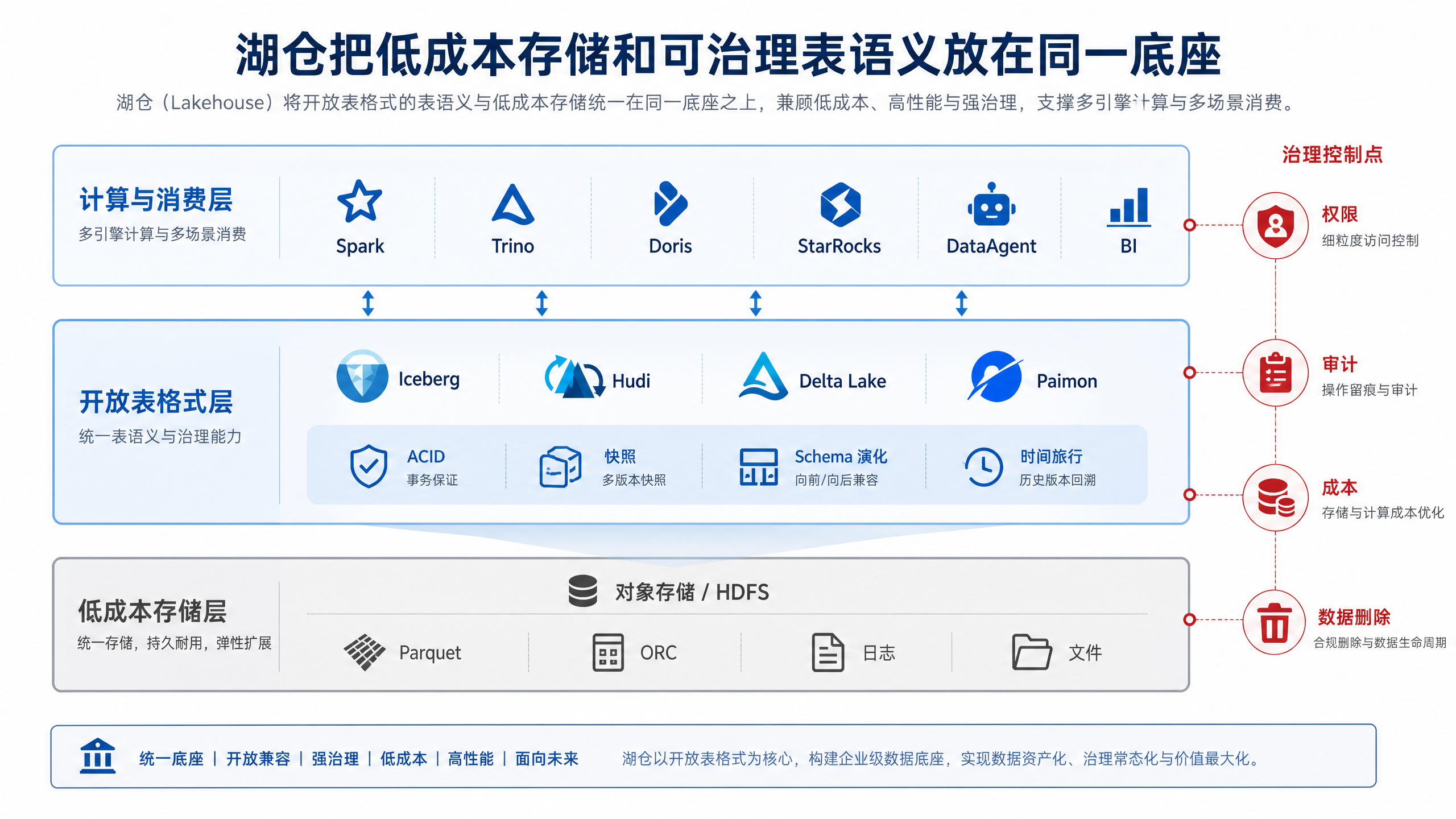 图11-1:湖仓把低成本存储和可治理表语义放在同一底座