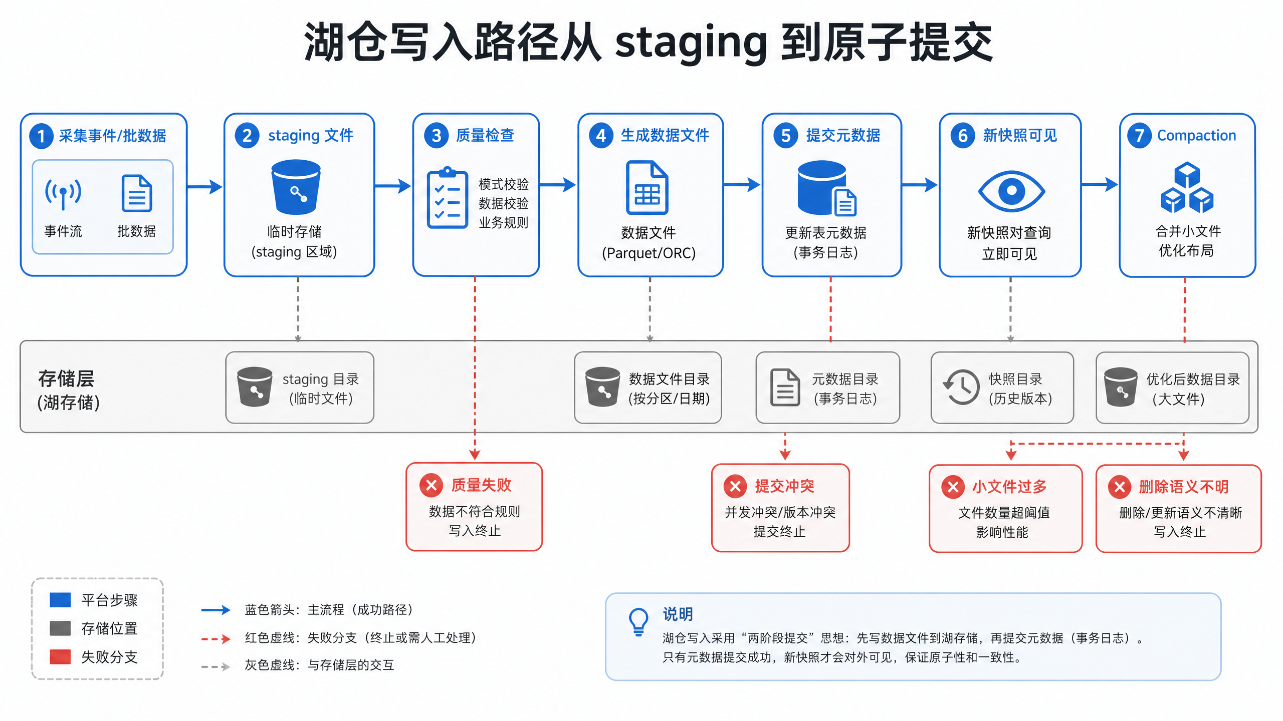 图11-6:湖仓写入路径从 staging 到原子提交